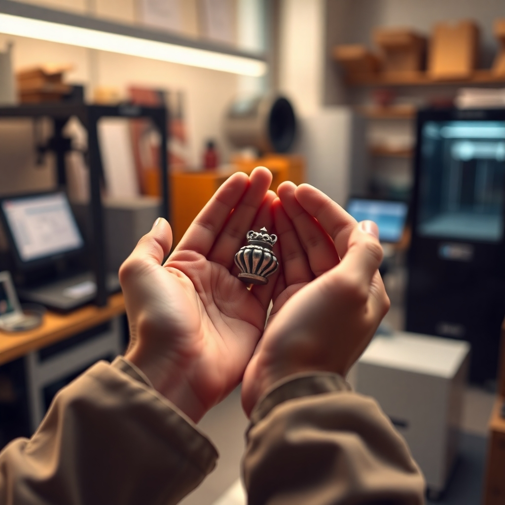 Create a 4K resolution image representing the core of Refine 3D's mission: personalized 3D printed gifts and accessories. The scene should depict a pair of hands carefully holding a small, intricately designed 3D printed object, perhaps a miniature sculpture or a custom piece of jewelry. The background should be a softly blurred workshop environment with hints of 3D printers and design software visible. Lighting should be warm and inviting, casting gentle shadows that highlight the details of the 3D printed item. The color palette should be modern and sophisticated, with a focus on neutral tones and subtle pops of color from the object itself. The camera angle should be close-up, emphasizing the texture and detail of the 3D printed piece and the care being taken in handling it. Aim for a style that is both realistic and artistic, conveying a sense of craftsmanship and personalization. This image should capture the essence of creating something special and unique through 3D printing technology.