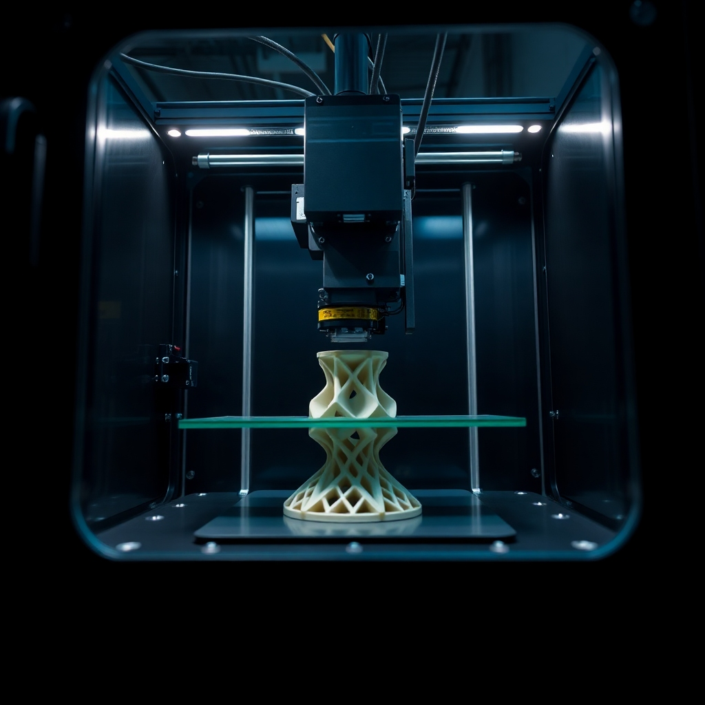 Depict a state-of-the-art 3D printer in operation, meticulously creating a complex object layer by layer. The lighting should be dramatic and dynamic, highlighting the precision and efficiency of the printing process. The color palette should be futuristic and technical, reflecting the advanced technology of the 3D printer. Camera angle should be low and angled, emphasizing the height and complexity of the machine. Style should be futuristic and industrial, showcasing the power and potential of 3D printing technology.