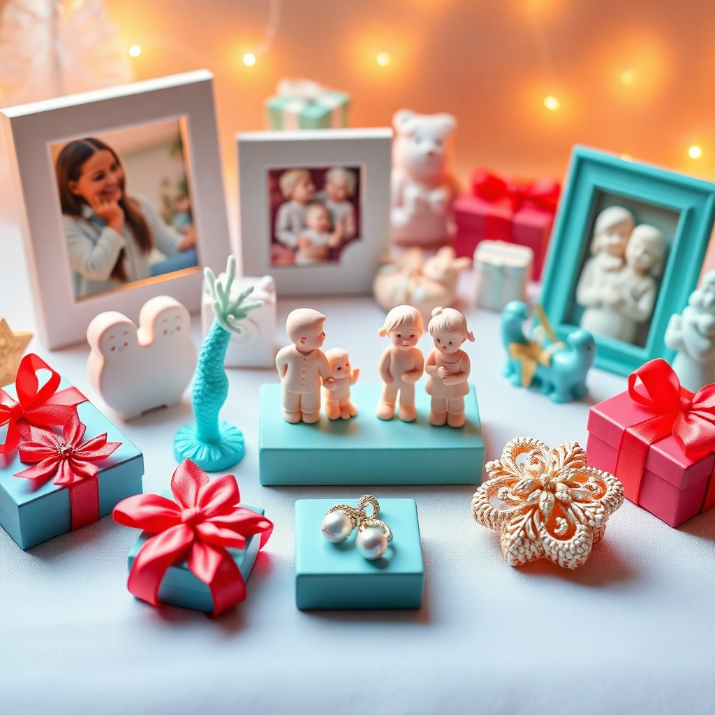 Imagine a collection of beautifully crafted and personalized 3D printed gifts, such as custom-engraved photo frames, personalized figurines, and uniquely designed jewelry. The lighting should be soft and warm, creating a sense of sentimentality and nostalgia. The color palette should be vibrant and cheerful, reflecting the joy and excitement of receiving a personalized gift. Camera angle should be slightly high, providing an overview of the entire collection. Style should be heartwarming and genuine, showcasing the potential of 3D printing to create deeply personal and meaningful gifts.