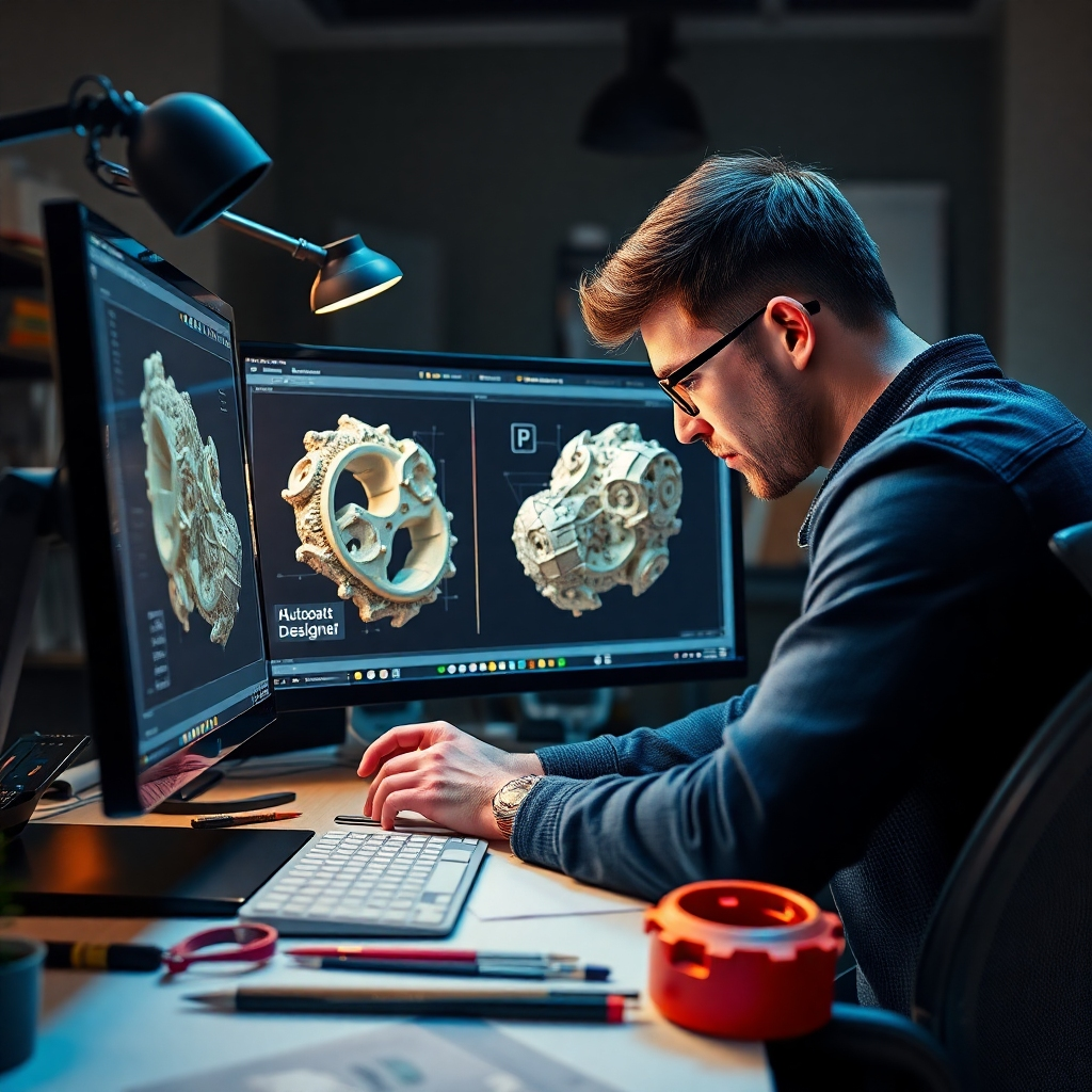 Visualize a skilled 3D designer working on a complex and intricate 3D model on a computer screen, surrounded by design tools and reference materials. The lighting should be bright and focused, highlighting the designer's concentration and the details of the model. The color palette should be modern and technical, reflecting the precision and innovation of the design process. Camera angle should be close-up, focusing on the designer's hands and the computer screen. Style should be professional and creative, showcasing the expertise and artistry of the 3D designer.